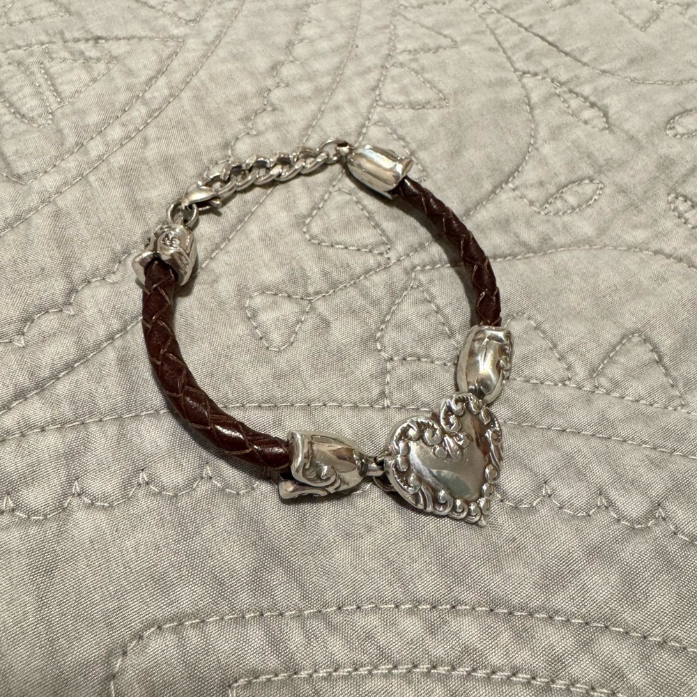 Vintage Brighton Silver Heart Bracelet with Brown Woven Leather - Picture 2 of 5